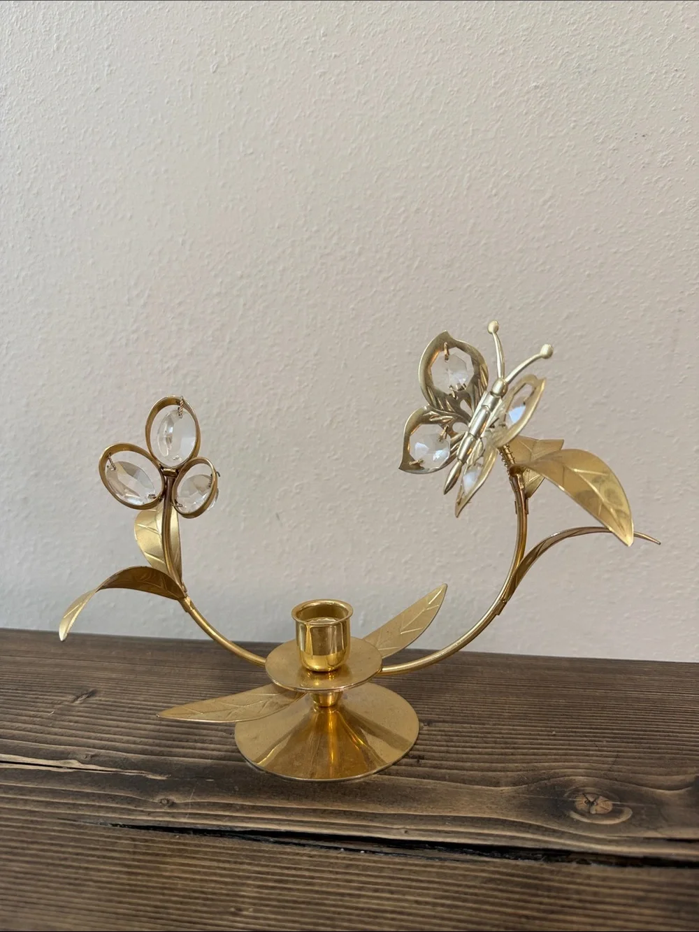 Gold Tone Butterfly Crystal Flower Taper Candle Holder Hollywood Regency Decor